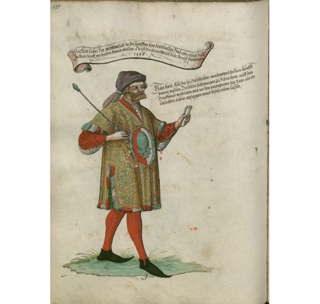 Der Chronist Clement Jäger als Herold im Herwartschen Ehrenbuch. Stadtarchiv Augsburg, Schätze 194b, S. 188 Der Chronist Clement Jäger als Herold im Herwartschen Ehrenbuch. Stadtarchiv Augsburg, Schätze 194b, S. 188